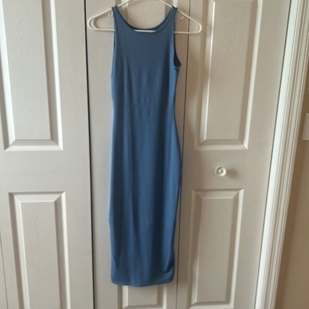 Oh Polly Blue Ribbed Bodycon Midi Dress Sleeveless Racerback Size US 4 UK 8 - Picture 2 of 5